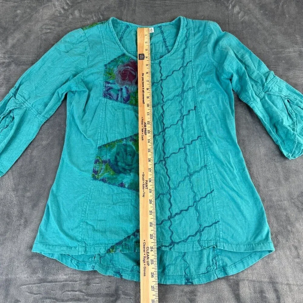 Parsley & Sage Women Top Medium Blue Shirt Roses Floral Embroidered Bell Sleeve - Picture 5 of 10